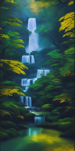 Van Gogh, van Gogh color palette, Van Gogh drawing colors, drawing style equal to Van Gogh's, Van Gogh style, A closeup of a waterfall in a forest with a rock in the foreground, stunning waterfall, forest and waterfall, beautiful stunning waterfall, alien waterfall, an endless waterfall, peaceful beautiful waterfall,  vertical wallpaper, floating waterfalls, 4k vertical wallpaper, with trees and waterfalls, 4k vertical wallpaper, various waterfalls, beautiful waterfall, 8k vertical wallpaper, 8k vertical wallpaper