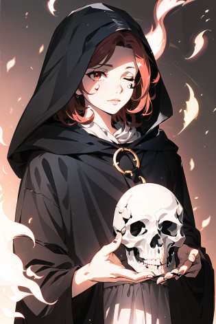 melina \(elden ring\),

1girl, cloak, elden ring \(object\), embers, expressionless, fingernails, holding, holding skull, one eye closed, realistic, red eyes, brown hair, skull, solo, upper body, veins, watermark, (pink hair:0.7), facial tattoo, brown clothes, (black cloak),
, ((masterpiece))