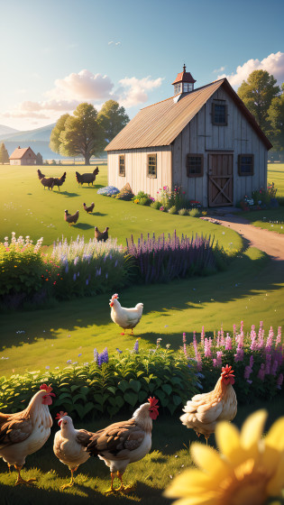 ?A flock of chickens are foraging ,Chicken farm?Many chickens: 1.5), (8k, RAW photos, best quality, Canon, f2.4, iso50, masterpieces: 1.2), (c4d: 1.2), (realistic, photo realistic: 1.37), (high resolution), (meadows and wildflower fields in the background, a traditional small barn in the distance, farmhouse), (idyllic), delicacy, extreme detail