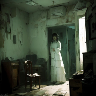Photos of the ghost of a teenage girl Japan alone. In the dim light, Claustrophobia range in small rooms in Tokyo, A ghostly presence appears, Consumed in the creepy world of horror games. Lurking in a desolate corner, Enveloped in inexplicable darkness, That evil gaze is?Immobilized to the player with an anxious and twisted smile that sent shivers down the spine. The ghostly apparition is covered in tatters, White dress full of filth, Unforgettable relics of the past, And its ethereal shape is wavering, A glimpse of the spectral region beyond.

In the stuffy atmosphere of the room, Dilapidated chair, Forgotten relics of another era, Stands as a chilling memory of the room's ominous history. Time has eroded the once ornate sculptures, Leaving behind the agony whispers and sounding rotting shells of souls long gone. walls, Decorated with faded photos of forgotten faces, It seems to exude a melancholy presence., As if?Who was caught in it?As if the essence longs for deliverance from their eternal purgatory.

A pale blue glow emanates from the ghost's eyes, Emitting an eerie glow that penetrates the air, Corner of the room?Fill with spectral incandescent lamps up to. Shadows dance under an ethereal glow?Distorted, Twisting into grotesque shapes that mock the sanity of the living.

When the ghost silently stretches out a translucent hand, A bone-chilling silence descends. With each painfully slow movement, Approaching the player in., Creeping specter of fate. however?No matter how close it gets, The transparent hand of the ghost is?Never break the threshold of the tangible world, Leave a trail of icy fear. It is the embodiment of pain, Forever denied the comfort of human touch.

yet, Paradoxically, In obvious horror