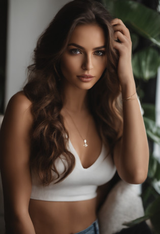 Arafed woman with a white tank top and necklace, fille sexy aux yeux bleus, Portrait Sophie Mudd, cheveux bruns et grands yeux, selfie of a young woman, Yeux de chambre, Violet Myers, sans maquillage, maquillage naturel, looking straight at camera, Visage avec Artgram, Maquillage subtil, Superbe photo du corps entier, piercing green eyes, Bel angle, pose attrayante, fille mignonne, sexy pose, Image du corps entier, corps entier, Prise de vue du corps entier, brunette goddess, High detail, pose satisfaite, Pantalon en latex