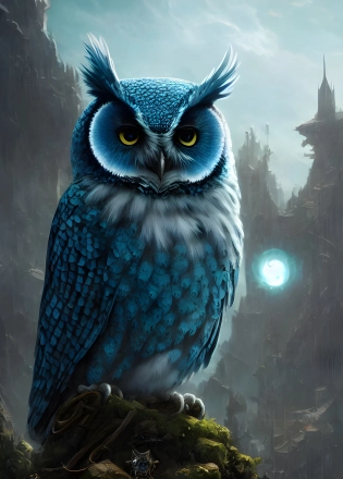 Anthropomorphic blue owl, big green eyes, lots of details, portrait, finely detailed, armor, cinematic