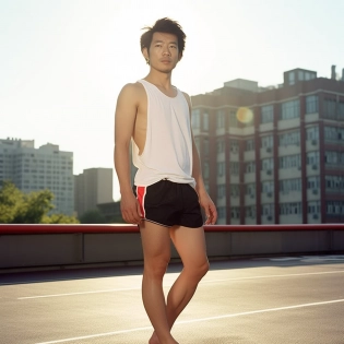 A young man in the city, 35 years old, late afternoon, standing, ( ( full length) ) , handsome, muscular, asian american, japanese, wearing revealing shorts, no jewelry, perfect hands, perfect face, the sun lights up his short black curly hair, sun light falls upon his hairy legs, show feet, Award - winning, portrait photograph shot with Kodak Portra 800, a Hasselblad 500C, 55mm f/ 1. 8 lens, extreme depth of field, available light, high contrast, Ultra HD, HDR, DTM, 8K