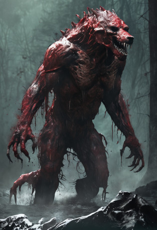 A painting of a really mest up wolf with a bloodied face and a bloodied head, carnage, Sci - Horror Art of Fiction, Science fiction horror artwork, inspired by Aleksi Briclot, Crocs de carnage, Horror fantasy art, par Aleksi Briclot, Horror concept art, venin, Art fantastique et horreur, Detailed illustration of 4K horror, Demonic creature, Dark Fantasy Horror Art
