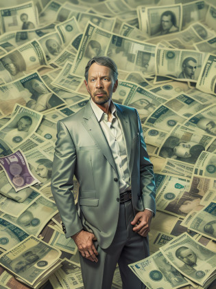 Larry Ellison, A detailed painting of an outsider in a suit, Surrounded by a barrage of dollar bills, Aim for a?Financial freedom formula?One book as the center.