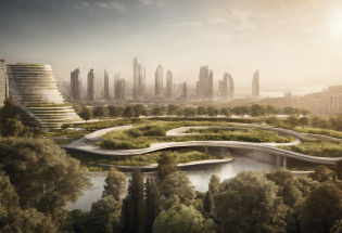 Architectural photography depicting utopian cityscapes, Nature blends seamlessly with the urban fabric. The image shows skyscrapers decorated with cascading vertical gardens, An oasis of refreshing relief amid the hustle and bustle. Rooftop park, Abundant green space, The winding waterways provide respite?and promotes community interaction. The city is bathed in softness, Diffused sunlight, creating a tranquil atmosphere. The background shows mountains in the distance, Elevate the natural beauty of the city. This photograph captures the harmonious coexistence of man-made buildings with the organic world, Provide a glimpse into the environmentally conscious future. photography of?Bjarke Ingels, An innovative Danish architect?Known for its sustainable and human-centered design