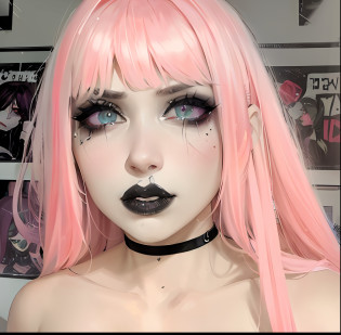 mulher com cabelo rosa e maquiagem preta posando para uma foto, goth makeup, maquiagem emo, wearing goth makeup, bubble gothic makeup, pale goth beauty, pastel goth aesthetic, goth makeup, goth girl aesthetic, pastel gothic, 18 years old - old gothic girl, com olhos esclerais azuis, goth eyeliner, maquiagem cyberpunk, maquiagem pesada, gothic aesthetic