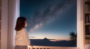 Create an image of a young girl named Mia, standing at her bedroom window, gazing up at the night sky filled with bright stars. The room should be cozy and inviting, with a sense of wonder in the air. Mia's eyes should be wide with awe as she watches a shooting star leave a trail of stardust.