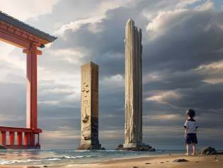 There was a boy standing on the beach looking at the water, inspired by Torii Kiyomoto, untethered stelae, Giant rocks, inspired by Okada Hanko, Guibli. rendering by octane, creating a thin monolith, ((the whole)), the whole, inspired by Torii Kiyonobu I, totem 2