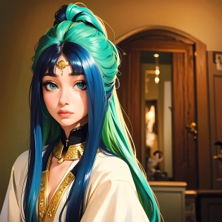 Protrait, photograph, androgynous hunnuman, oval jaw, delicate features, beautiful face, dreadlocked hair, long bangs, long ponytail, bright blue-green eyes, hindu art