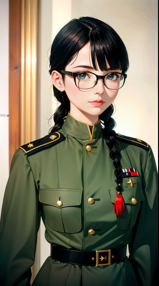 Modest outfit, remote shot, detailed beautiful delicate face, detailed beautiful delicate eyes, perfect facial proportions, high-definition skin, fine skin, four-inch best ratio. With one thumb, a masterpiece, highly detailed, realistic, (World War II German general uniform reference : 1.8), the highest face resolution, adult, modestly dressed woman, dressed entirely, ( small, black hair, black straight bangs, super fine braids, straight bangs, red glasses, dark green eyes), future, science fiction, fighter plane, standing On the landing of a fighter plane, the government agency, a deep intelligent personality, a calm expression, a respectful face, a war, a fighter plane