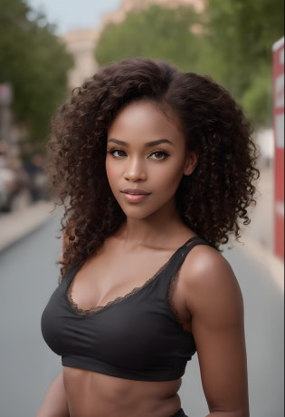 arafed woman with curly hair and a black bra top, photo of a beautiful woman, beautiful city black woman only, gorgeous beautiful woman, gorgeous woman, beautiful female model, beautiful young woman, young black woman, portrait of a beautiful model, photo of a black woman, black young woman, a beautiful young woman, very beautiful young woman, african american young woman, big breast, big butt, big hips, smile, sport