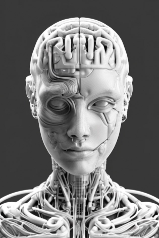 cyborg woman| with a visible detailed brain| muscles cable wires| biopunk| cybernetic| cyberpunk| white marble bust| canon m50| 100mm| sharp focus| smooth| hyperrealism| highly detailed| intricate details| carved by michelangelo