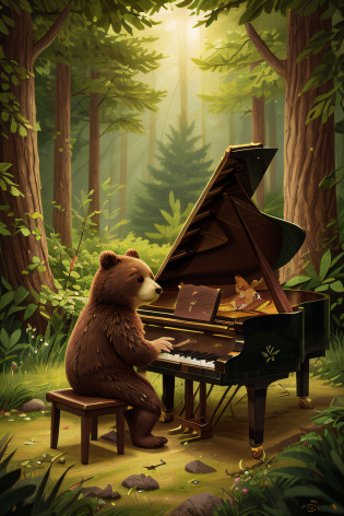 Little Bear plays the piano?In the deciduous forest?The notes float in the air?The bear's facial features are delicate?The piano structure is reasonable?The texture is fine?Little Bear focused his eyes on the score?