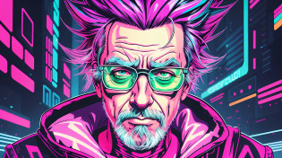 a close up of a person with a neon hair and glasses, cyberpunk art style, cyberpunk old man, portrait art of rick sanchez, cyberpunk artstyle, futuristic art style, 4k detailed digital art, portrait of rick sanchez, cyberpunk themed art, masterpiece epic retrowave art, cyberpunk illustration, 2 d digital vector art, 2d digital vector art, rick sanchez --auto --s2