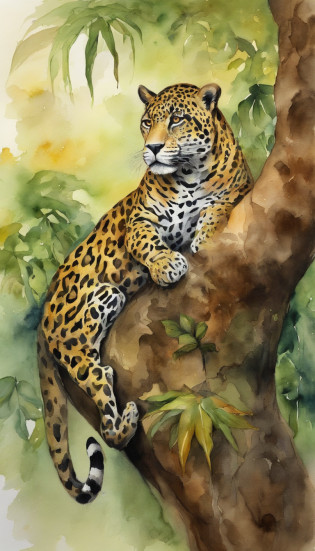 Jaguar on top of a tree, picure, watercolor paiting, Amorphous design, surrealist,jaguar; watercolor paiting; felid,Jaguar in the jungle of the American Amazon,