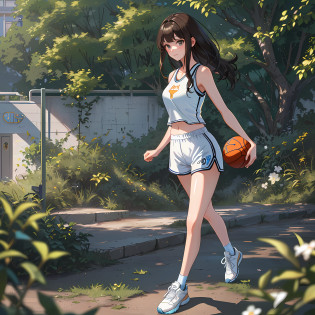 Brunetette, 1 girl, 20 years old, masterpiece: 1.2, best quality), (8k, best quality, masterpiece:1.2), (reality), realistic: 1.37), super detailed, best quality, super high resolution, professional lighting, photon mapping, radioenergy transfer, physically based rendering, cinematic lighting, basketball court, depth of field, clear focus, sunlight, good composition, (bokeh: 1.2) 1 girl, solo, (full body), beautiful detailed eyes, smiley face, pose, narrow waist, medium chest, (sexy transparent tank top - top basketball suit), white sports shorts, white sports t-shirt, brunette hair, messy hair, long hair fluttering in the wind, (ulzzang-6500:1.2), playing basketball, wearing basketball uniform, sweating, young beauty, long legs, nice eyes, middle breasts, sweat-soaked clothes, white basketball suit, basketball uniform top, basketball suit shorts, basketball shoes, brunette hair, bangs, faint smile, shyness, blush, sheer, minimalism, anime, backlight, backlight, backlight, ray tracing, f/1.8, 85mm, canon, denim shoot, denim shoot, denim shoot, 8k, super detail, UHD, retina, masterpiece, ccurate, 8k, best quality, high resolution, high quality, high detail, super detail, textured skin, masterpiece, UHD, ccurate