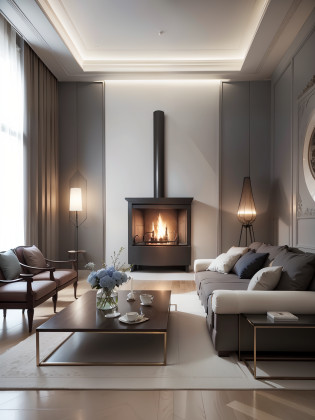 Interior atmospheric decoration?fireplace?Positive perspective??There was a sofa?tea table?Ultra photo realsisim? tmasterpiece? best qualtiy?Simple atmosphere? ultra�-�detailed? ??????Indoor HD rendering