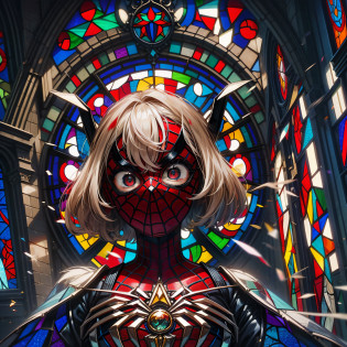 Fluffy cute ball that is spiderman, red fluff, blue fluff, red spiderman mask, spinning webs, masterpiece, best quality, ((In stained glass portrait style))
