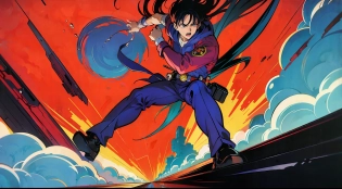 Vintage anime screenshot from Akira, 90�s anime aesthetic, A stunning maximalist action shot of the protagonist