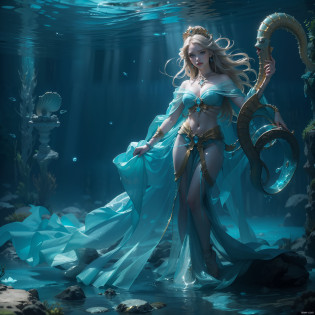 (Numerous award-winning masterpieces, with incredible detail, textures and maximum detail), (God who rules the underwater world: 1.6), (Forgotten Ancient Water Spirit: 1.6), (full-body standing image:1.8), (upper body up:0.3), (best quality real texture skin), (hyper realistic:1.4), (realistic:1.3), (upper body up:0.3), (So much gold and silver treasure has sunk to the bottom of the surrounding water that there is no place to step: 1.8), (Large translucent cephalopod guarding treasure: 1.8),, (((in water))), (Dim underwater bottom: 1.6), (Bright water bottom during daytime: 1.6), (finely detailed true circle Symmetrical eyes), (beautiful and delicately drawn face), ((medieval world)), (full body display: 1.7), (clear eyes that shine brightly in the eyes), (She has a mischievous smile on her face), (Jewels and gold and silver scattered around: 1.8), (Moss-covered stone statues: 1.8), (Sunken temples, sunken ancient cities), (Throne next to a strongly emitting magic circle: 1.9), (Shining majestic water and light:1.2), (Eyes that glow blue in the dark:1.5), (pair of Ice-blue eyes with bioluminescence strong blue light emitting from within:1.5), (full body view:1.7), (Underwater Treasure: 1.8), (Swirling water stream and tidal current in the background), (Dramatic Light), (Her countenance is gentle and beautiful), Glass earrings on the ears, (dramatic photo:1.4), (dramatic pose), (golden hair), (silver hair), (chestnut hair), (full body view:1.7), ((looks up)), ((looking down)), (Around her neck is a simple necklace of exquisite workmanship), (Bio luminescence with a brilliant glow:1.3), (beautiful fish in the surroundings:1.2), (creatures in the surrounding transparent and beautiful water:1.6), (full body view:1.7), epic realistic, faded, art, (Greg rutkowski:0.8), (teal and orange:0.4), (art station:1.5), cinematic, ((neutral colors)), (hdr:1.5), (muted colors:1.2), hyper detailed, dramatic light, (intricate details:1.1), complex background,