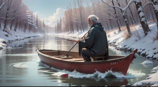 Cold rivers and snow, Lonely boat fishing alone on the river?He wears cloaks and cloaks, The clogs under the feet are stampeded, Holding a long fishing rod in his hand?Although there is no sound around, But he didn't feel lonely and lonely at all, Because he enjoys this peace and freedom?A thin line hangs from the tip of his pole, A bright red bait hook is tied to the rope?The cold river is rushing, Layers of monstrous white waves set off, But the old man seemed to be in a paradise, Completely free from outside interference?He waited quietly for the fish to take the bait, Gently shake the rod from time to time, Close your eyes from time to time?The surrounding scenery changes over time, But the old man remained calm and calm at all times?He is so indisputable, So free, It was as if he melted into this river and this sky?, Super detail, Award-Awarded, 16k, Best quality, High details, High quality, A high resolution, Masterpiece