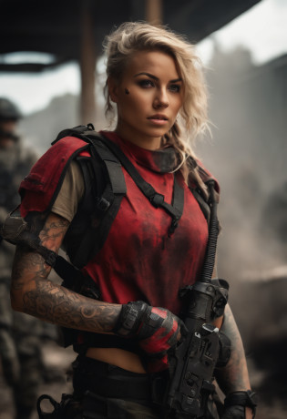 Postapocalyptic combat scene with a Beautiful hyperrealistic photograph of cute Young Maui woman (((with Runic tattoos as a Combat Medic))), ((dirty face Blood splattered)), (((wearing Red Light Assault mecha armor, combat harness, Neon highlights))) Short Blonde Dreadlocks, combat pose, (((Tending to Injured Soldiers))), exterior of Destroyed building, Fires, Smoke, debris, Camo netting, Ammo Boxes, Rain, Stormy, Wet, abstract beauty, near perfection, pure form, intricate detail, 8k post-production, High resolution, super Detail, trending on ArtStation, sharp focus, studio photos, intricate detail, Very detailed, By Gerda Taro