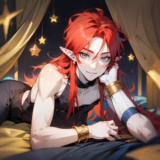 young man, (((male))), man, (((one person))), (((single))), (((solo))), ((1guy)), (((very pale skin))), ((pale skin)), (((red hair))), ((red colored hair)), (((grey colored eyes))), long hair, (((slim body))), slender body, slim figure, twink, (((flat chest))), (((fantasy style))), ((black colored fabric)), (((indigo colored fabric))), ((dark blue colored fabric)), transparent fabric, (golden patterns), ((wearing golden accessories in his hair)), ((golden jewellery)), ((pointy ears)), (((grey eyes))), smooth skin, stars ornaments, sun moon ornaments, stars decoration, (male face), smiling, circus tents in the background, nighttime, patterned fabric draped on the ground, circus in the background, (lounging on a big bed), seductive expression, inviting pose