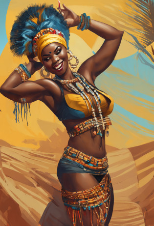 oil painting portraying female African dancers, ((smiling)), ((curvy)), ((big bosom)), ((seductive look)), (((pretty faces))), ((big hips)), ((thick thighs)), ((beautiful models)), ((cleavage)), ((slim waist)), ((flat stomach)), ((flat tummy)), gold jewelry around the neck and wrists, detailed facial expression, detailed hands, dynamic poses, elegantly posed, ((( middle dancer wearing black headgear and yellow outfit))), other dancers wearing light blue headgear, ((see-through clothes)), ((transparent clothes)), ((piercing teat)), bare feet, short flowing drapes, gouache, singing, happy, palm trees in the background, wide angle shot, in the style of El-Dragg