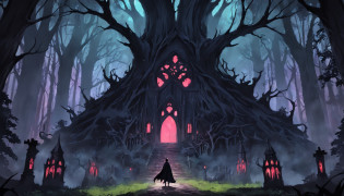There is a magician in a forest with a full moon in the background, gothic forest, Fundo escuro da floresta, Castlevania Inspirado, Dark forest scenery, Fundo sombrio da floresta, fundo da floresta, fundo escuro da floresta pastel, inside an epic gothic forest, Castlevania, gothic forest, Epic Forest, Castelv�nia, Dracula's Forest, Gothic forest in the background, fundo medieval da floresta, dark cemetery, Gothic Cemetery, ((cemetery)), ((mago)), (Pixel Art)
