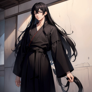 ??masterpiece?8K????top-quality?He is around 20 years old and tall?Toned body?Delicate full-length image?Jet black long hair?Jet-black eyes are attractive?Hakama style for long clothes?