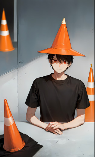 (1 man: 1.3), (solid color:1.2), shadows everywhere, portrait, short hair, (arrogant:1.4), blurred expression, black on background, red eyes, t-shirt, masterpiece, superlative, superlative, illustration, (with a traffic cone on the head), (with a traffic cone fully worn on the head), no error