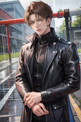On the plastic track, on the school playground, heavy rain (high resolution, distinct_image) superb man, masterpiece, high detail, semi-realistic, brown short hair man, brown hair, short hair, medium hair, 18 years old, young, tall and strong, blackened coat, gray-blue clothes, students, college, dashing, natural, handsome, authoritarian, powerful aura, exquisite facial features, facial details, man standing on a huge playground, the sky is raining heavily, rain mixed with sweat on the man's body, school playground, The background is on a plastic track