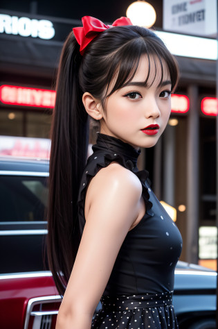 Top image quality??A high resolution?The ultra -The high-definition?Photoquality(photographrealistic:1.8)?in 8K?japanes?femele?1 persons?20yr old?A dark-haired?length hair?Wrap in the back?poneyTail?Swing Dresses?amarelo?polka dot?full body Esbian?red lipsticks?bow ribbon?Drive-ins in the USA?1950s?rock 'n' roll,Rock a Billy? Cadillac Convertible?Neon Billboard?Pop city?