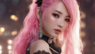 A beautiful Korean girl?Long pink hair?Tattooed with?full bodyesbian?Wearing a collar?Wear a black lace bra?Wear black lace panties?Wear stiletto heels?Wear black pantyhose?Bad girl?s the perfect face?Put on light makeup?Wear a ruby ring?Cool and funky style?On the dance floor?Ultra photo realsisim?8K