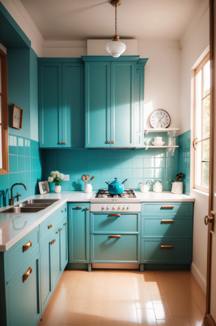 Cozinha moderna vintage azul bem claro,parede branco,piso porcelana marrom,canto em L,portas de vidros,pintura laqueado,cozinha parede redonda,cozinha luxo moderno