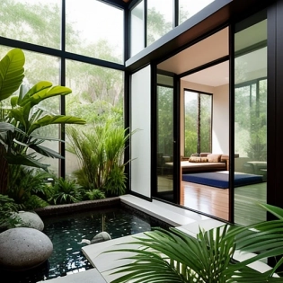 A peaceful and serene Zen room for meditation, featuring an indoor architecture design with lots of plants and crystals. The space is hyperrealistic and cinematic, with 8K Ultra HD quality that makes every detail pop. The room is filled with lush greenery, calming water features, and natural stone elements that create a sense of tranquility. The crystals are carefully placed to enhance the calming energy of the space, and the lighting is warm and soothing. This is the perfect environment for relaxation and meditation