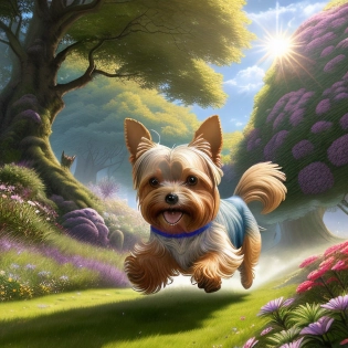 Digital Artwork of Ultra detailed, yorkshire terrier running and smiling in fantasy world, face to camera, closeup, fantasy trees with purple and green leaves and giant flowers and landscape on the background, sun rays and big planet in the sky, ultradetailed, CGSociety, ArtStation, hdr, 4k, 8k