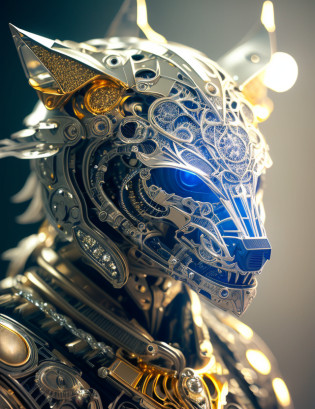 Wolf - the futuristic biomechanical android, beautiful natural soft light, rim light, gold fractal details, metallic fine lace, muscular, mandelbot fractal anatomical, diamond, facial muscles, elegant, ultra detailed,