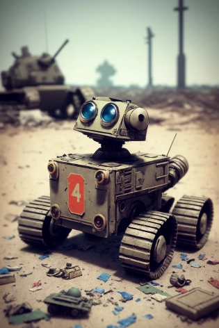 50mm film photography, world war first photo on the battlefield, small cute mechanical robot wall-e \(character\), world war 1 style, old photo, depth of field, tilt-shift \(azalanz\), bokeh, photorealistic, realistic, octane, dramatic light, 3d render, provoking composition, wide angle shot, award winning photography, detailed and intricate, surround by trash and debris