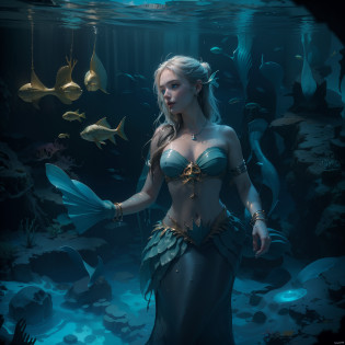 (Numerous award-winning masterpieces, with incredible detail, textures and maximum detail), (full body view:1.6), (hyper realistic:1.4), (realistic:1.3), (upper body up:0.4), (Sunken Treasure:1.8), (best quality real texture skin), (((in water))), (deep deep sea:1.5), (Dark sea at night:1.6), (finely detailed true circle Symmetrical eyes), finely detailed face, ((medieval world)), (full body view:1.6), ((mermaid)), ((mermaid princess)), ((mermaid nobility)), (burn brightly icy look in the eye), (She has a mischievous smile on her face), (Sunken ship with treasure:1.4), A temple Sunken in a coral reef, ancient Sunken city, Sunken temple, Sunken great cathedral, Sunken temple ruins, Sunken detached temple, Sunken Ruins of an ancient castle, Shining majestic water and light, coral reef, (Eyes that glow blue in the dark:1.5), (A pair of Ice-blue eyes with strong blue light emitting from within:1.5), (bio luminescence:1.5), (full body view:1.6), (Swirling water stream and tidal current in the background), (Dramatic Light), (A majestic sight), (Her countenance is gentle and beautiful), Glass earrings on the ears, (dramatic photo:1.4), ((dramatic pose)), (flamboyant photo), (golden hair), (silver hair), (chestnut hair), (full body view:1.6), ((looks up)), ((looking down)), (Around her neck is a simple necklace of exquisite workmanship), (Bio luminescence with a brilliant glow:1.3), (Use flashy Hydro magic:1.2), (beautiful fish in the surroundings), (Luminous magic circle:1.5), (full body view:1.6), epic realistic, faded, art, (Greg rutkowski:0.8), (teal and orange:0.4), (art station:1.5), cinematic, ((neutral colors)), (hdr:1.5), (muted colors:1.2), hyper detailed, dramatic light, (intricate details:1.1), complex background,