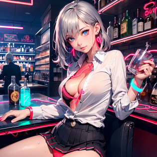 (masutepiece: 1.3), (max resolution: 1.2), (Ultra HDTV: 1.2), spot lite, Ultra HDTV, (Detailed eyes and skin), (detailed facial features), 8K resolution, Sharp Focus: 1.2, Perfect Style, Beautiful Face, accurate, Anatomically correct, Highly detailed face and skin texture, Detailed eyes, Dark-blue eyes, Double eyelids, Thin eyebrows, (dropped eyes:0.65), (Glitter Eyeliner:1.2), Natural cheeks, (Sweaty skin:1.2), (Fair skin:1.2), (Colorful neon bracelet:1.2) ,shiny necklace and earrings, (Glossy lips: 1.4), BREAK, absurderes, One-person viewpoint, (They are Very Cute female bar hostess), (While Wearing a Button up White shirt:1.3), BREAK, (wear a blazer:1.3), BREAK, (pleated super mini skirt of Red:1.2), ((showing a little string panties:1.2)), (high heels), BREAK, (shy smile:1.3), ((18 years old, Very Cute and neat girl:1.3)), (high-ponytail hairstyle, Wavy Hair), (((Silver hair:1.4))), Medium Long Hair, (Cowboy shot: 1.2), Focus on body, medium large breasts, ((Sitting with open legs in front the bar counter:1.4)), ((In the super erotic Bar at dimly:1.4)), BREAK, ((((Red neon lights:1.4))), (((dimly lit store, black lights))),
