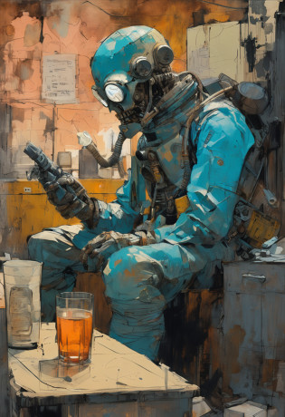 Ashley Wood?Ashley Wood?Realistic paintings created in Van Gogh's unique style?Depicted ((Blue rusty cyborg drinking whiskey in a post-apocalyptic bar)),