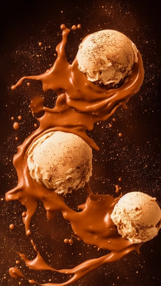 unstirred paint, bubbles, oil, studio lighting , earthy colours, trending on artstation, swirly, ice cream, slight use of colours, powder, cinnamon explosions, melting drips, honey drips, caramel, chocolate chips, motion blur, bokeh
