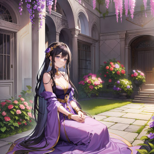 Character expressions: elegant, gentle, with some sadness in the eyes.
Hairstyle and color: Dark purple long straight hair, draped over the shoulders, looks very soft.
Clothing style and color: wearing a purple robe with flowing fringes, peony flower patterns depicted on the cuffs, and gold wire lining on the hem.
Accessories on the figures: Amethyst earrings on their faces, a glazed bracelet on their wrists, and silver rings on their tiny fingertips.
Character pose: Sitting quietly in the courtyard, holding a purple peony flower in his right hand, his left hand lightly supporting his knee, and his eyes softly looking into the distance.
The environment: a simple and beautiful courtyard, the environment is quiet and elegant, the whole courtyard is very elegantly arranged.
Atmosphere: quiet and comfortable
Environmental features: the fragrance of flowers fills the courtyard, the vines of wisteria flowers climb against the walls of the house, and a purple futon is laid on the green brick floor in front of the house
Ambient time: evening
Remarks: This female emperor is full of autumnal atmosphere. She is gentle, submissive, with a sense of sorrow in her bones, but full of confidence. She seems to be the owner of this courtyard, quiet, elegant and noble, which further highlights her dignity as a female emperor and the prosperity of the world.