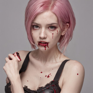 Girl with pink hair holding on to her stomach, Looking at the camera in surprise, Blood oozes from under his hands, Kneeling, blood comes from the mouth, Surprise and pain, is looking at the camera, latex tank top and shorts, bullet wound to the abdomen, Blood gushes from his mouth and wounds on his stomach, Young girl killer dies on her knees, gloomy atmosphere, Cruelty, ?, Snuff Video, blood splatters from the mouth, surprise and pain on the face