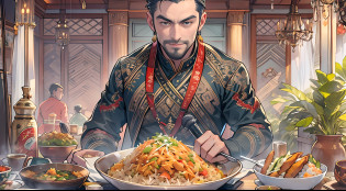 A tall and handsome man held it?microphones?1.2??Stand in front of a bowl of fried rice. ?fried rice?1.3?It is filled with a variety of high-end ingredients and decorations. Looks luxurious. ,16k, Best quality, Masterpiece, Super detail, High details