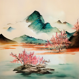There is a painting of a mountain?There are boats in the water, Traditional Chinese painting, Chinese style painting, Traditional Chinese Ink Painting, Chinese painting style, Traditional Chinese watercolor, Chinese landscape, Chinese painting, Chinese watercolor style, Traditional Chinese art, Chinese ink painting, Japanese style painting, chinese water color, Chinese watercolor, China ink painting