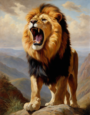 an oil painting of a lion roaring, Low angle view, in the style of mountainous vistas, archibald thorburn, strong facial expression, edmund leighton, atmospheric imagery, monumental murals, luke fildes