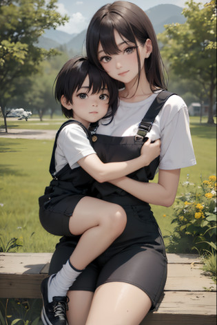 young boy with overall sitting on his mom's lap, outdoor, mom wears black shorts, the mom has big medium thighs